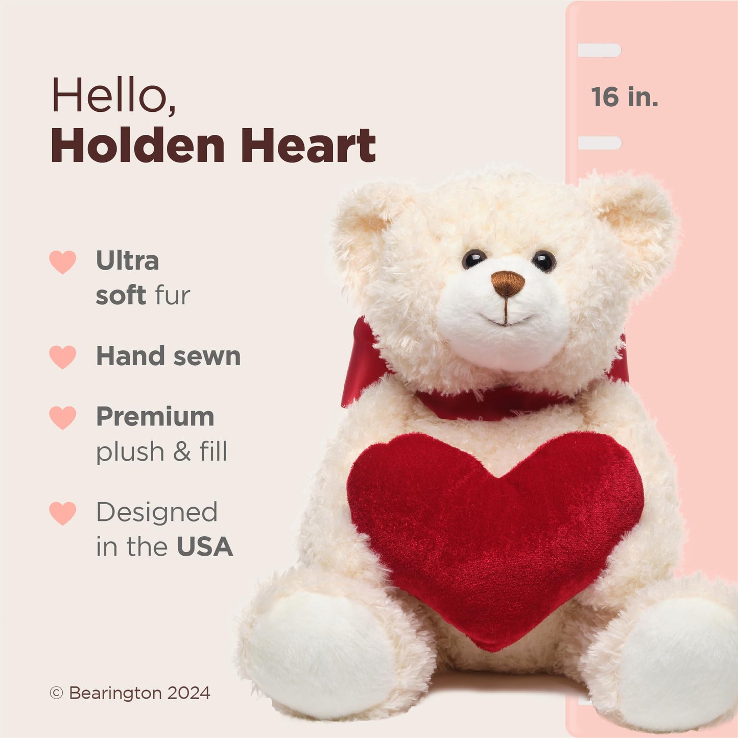Bearington Remington Teddy Bear Holden Heart - 16-Inch Plush Valentine's Day Gift | Bearington Collection