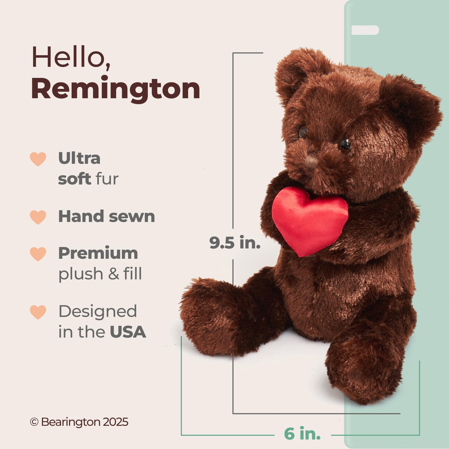 Bearington Remington Valentine Teddy Bear - 9.5-Inch Plush Gift for Valentines Day and Romantic Moments