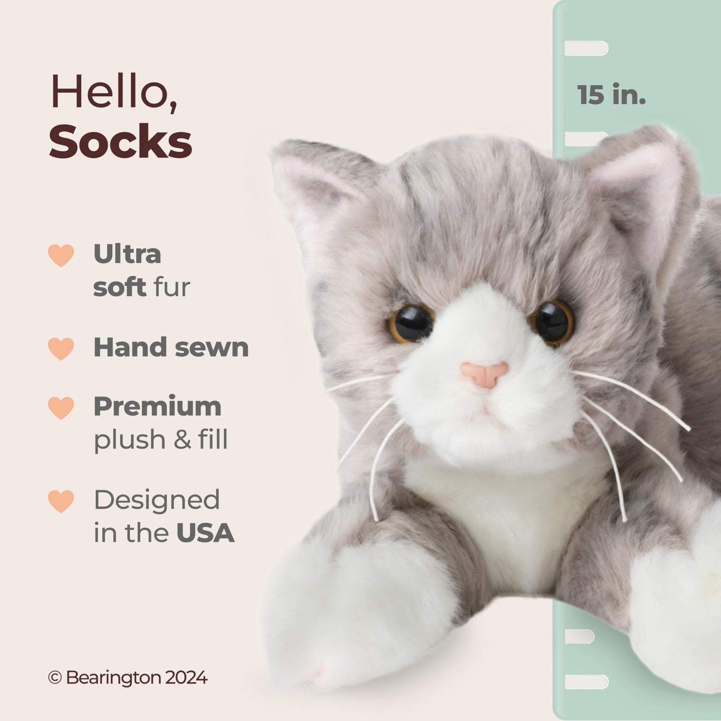 Bearington Socks the Cat Plush – 15-Inch Realistic Grey Tabby Cat Stuffed Animal | Bearington Collection