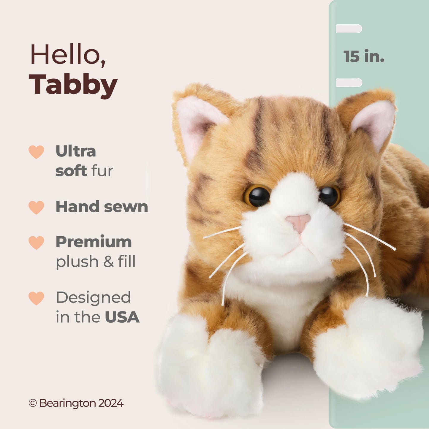 Bearington Tabby Cat Plush 15in – Realistic Orange Striped Kitten, Soft Fur & Floppy Body