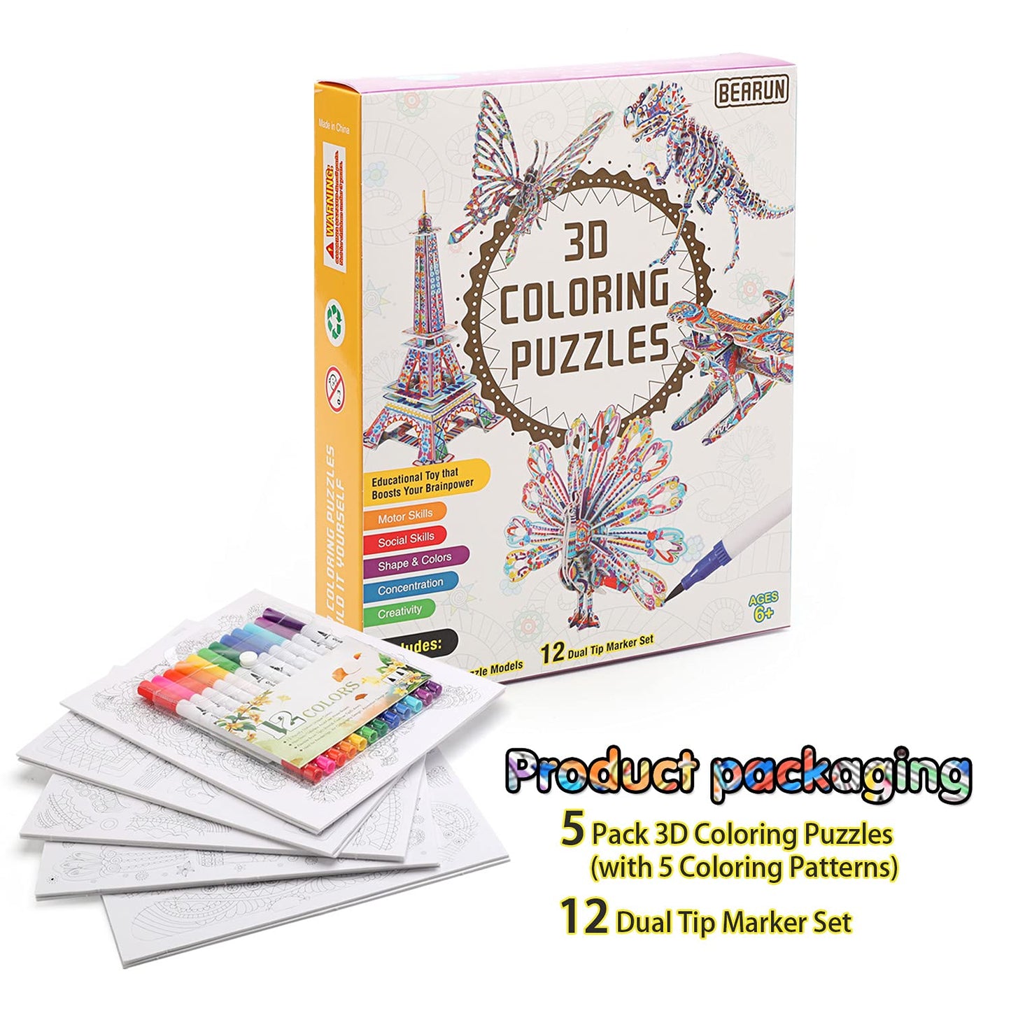 BEARUN 3D Coloring Puzzle Set – STEM Art & DIY Crafts for Kids Ages 6-12