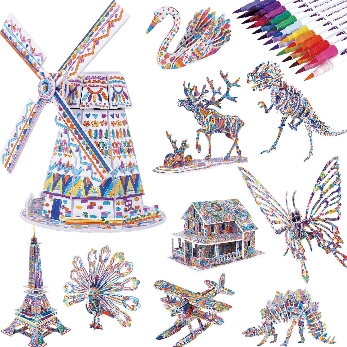 BEARUN 3D Coloring Puzzle Set – Creative STEM Art Kit for Kids Aged 6-12