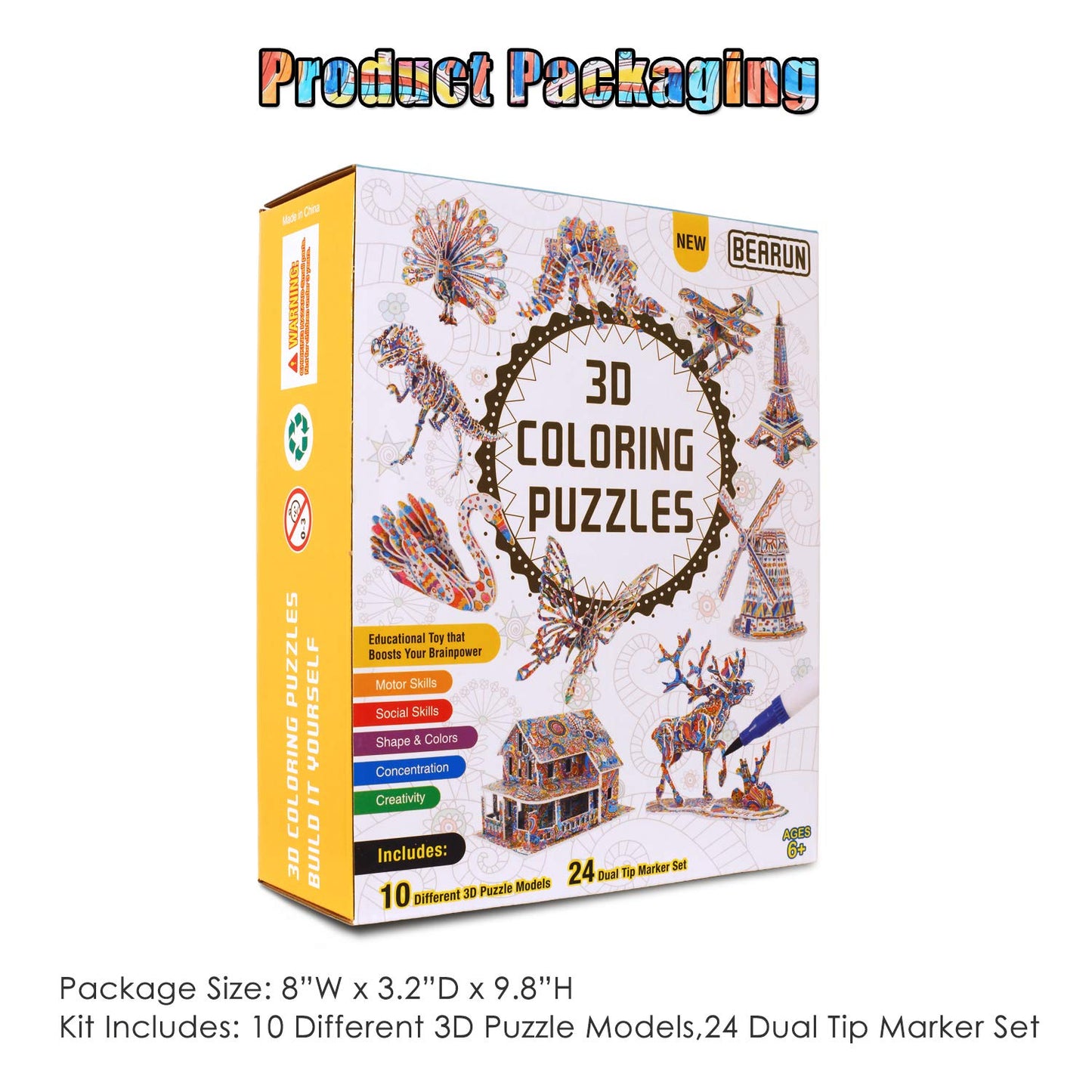 BEARUN 3D Coloring Puzzle Set – Creative STEM Art Kit for Kids Aged 6-12