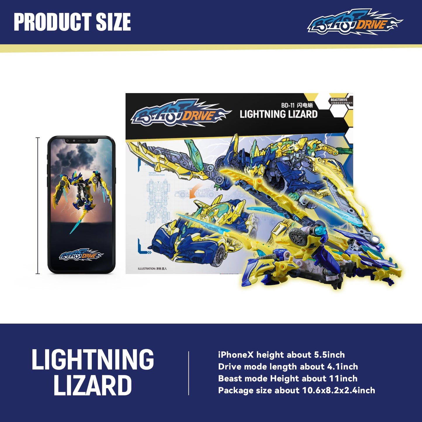 BEASTBOX BEASTDRIVE BD-11 Lightning Lizard Deformation Toy — 2-in-1 Beast and Vehicle Transformer