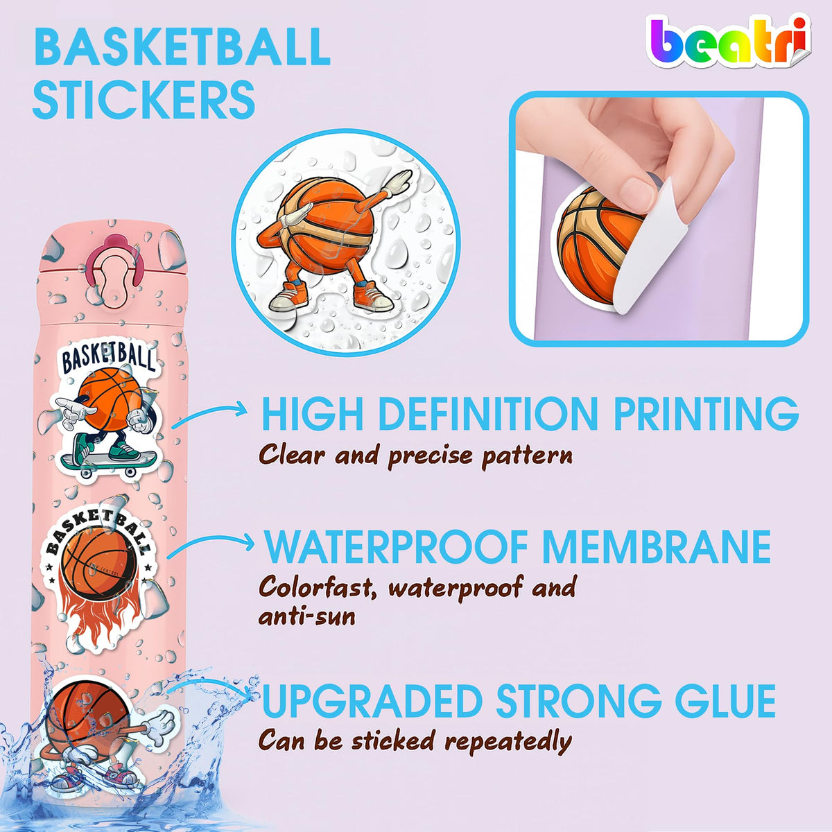 BEATRI Basketball Stickers – 50 Unique Non-Repeating Vinyl Decals for Laptop, Water Bottle, Skateboard