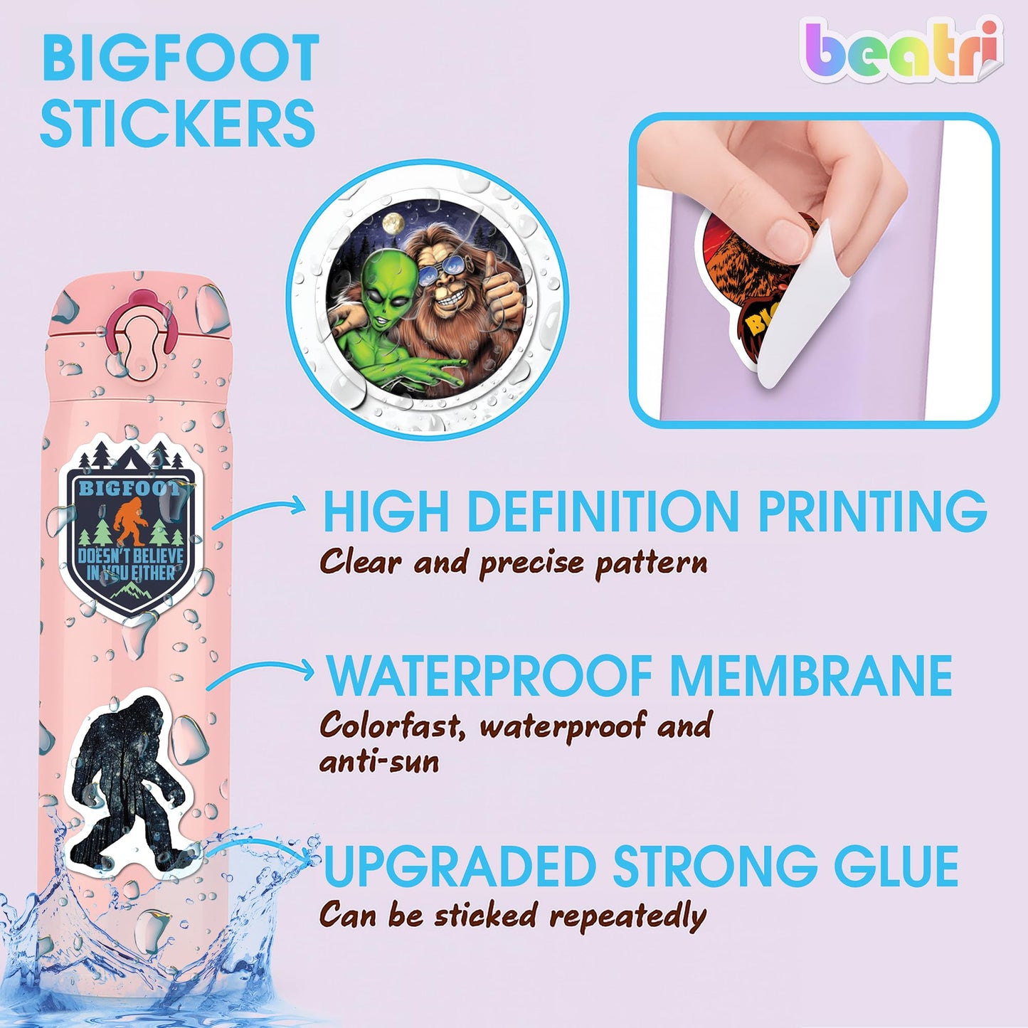 BEATRI Bigfoot Stickers 50Pcs – Waterproof Outdoor Vinyl Decals for Water Bottles, Luggage, Skateboards