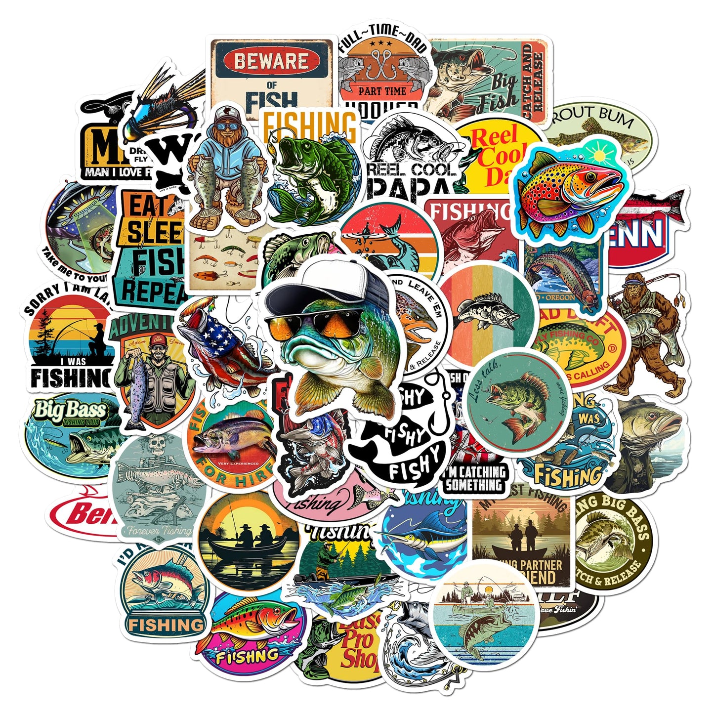 BEATRI Fishing Stickers 50Pcs – Waterproof Vinyl Decals for Hydro Flask, Laptop & More