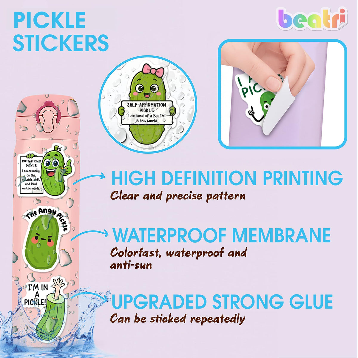 BEATRI Pickle Stickers 50pc – Non-Repeating Waterproof Vinyl Decals for Laptop, Bottle & Gear