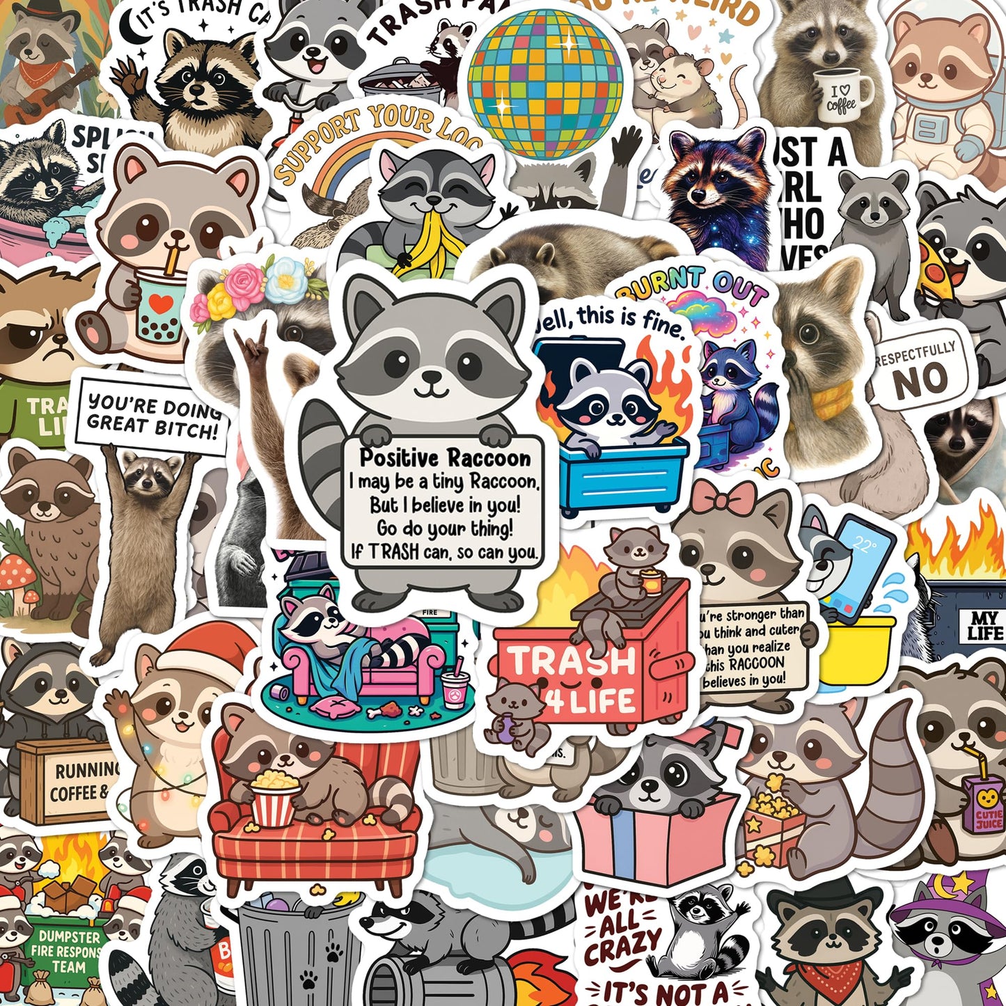 BEATRI Cute Raccoon Stickers 50Pcs – Waterproof Vinyl Non-Repeating Decals for Laptop, Water Bottle & More