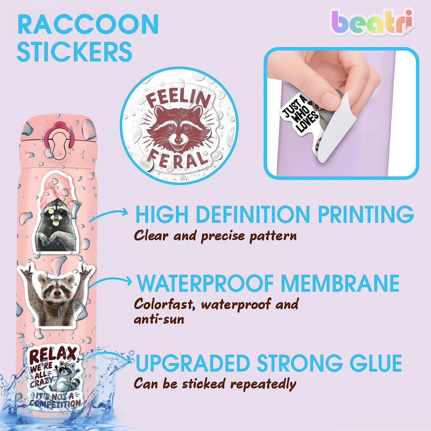 BEATRI Cute Raccoon Stickers 50Pcs – Waterproof Vinyl Non-Repeating Decals for Laptop, Water Bottle & More