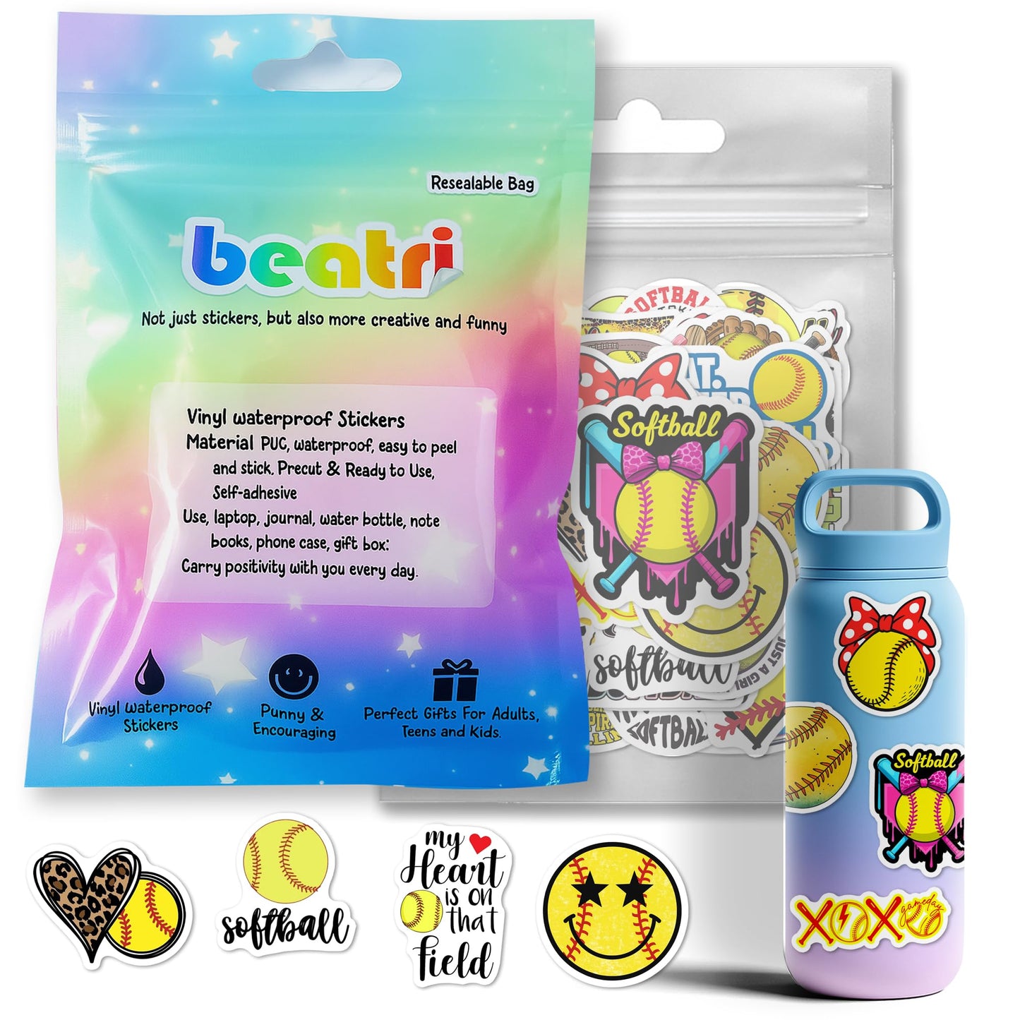 BEATRI Softball Stickers 50pc – Non-Repeating Vinyl Decals for Laptops, Bottles & Gear