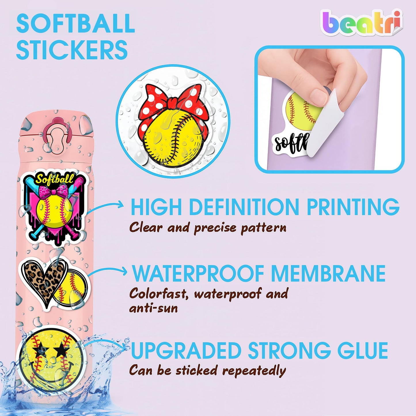 BEATRI Softball Stickers 50pc – Non-Repeating Vinyl Decals for Laptops, Bottles & Gear