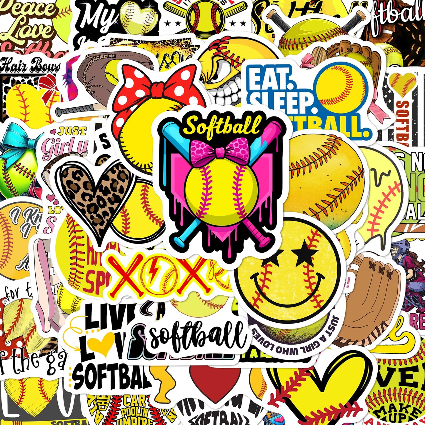 BEATRI Softball Stickers 50pc – Non-Repeating Vinyl Decals for Laptops, Bottles & Gear
