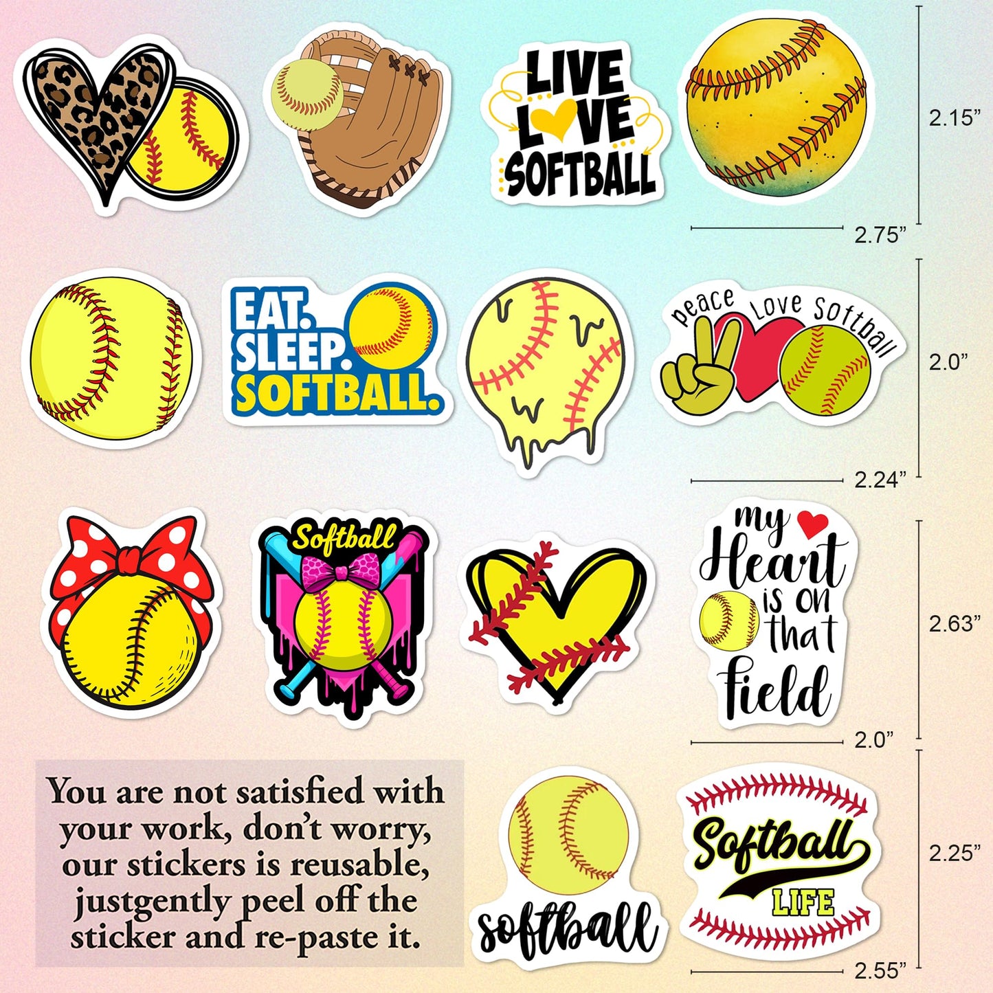 BEATRI Softball Stickers 50pc – Non-Repeating Vinyl Decals for Laptops, Bottles & Gear