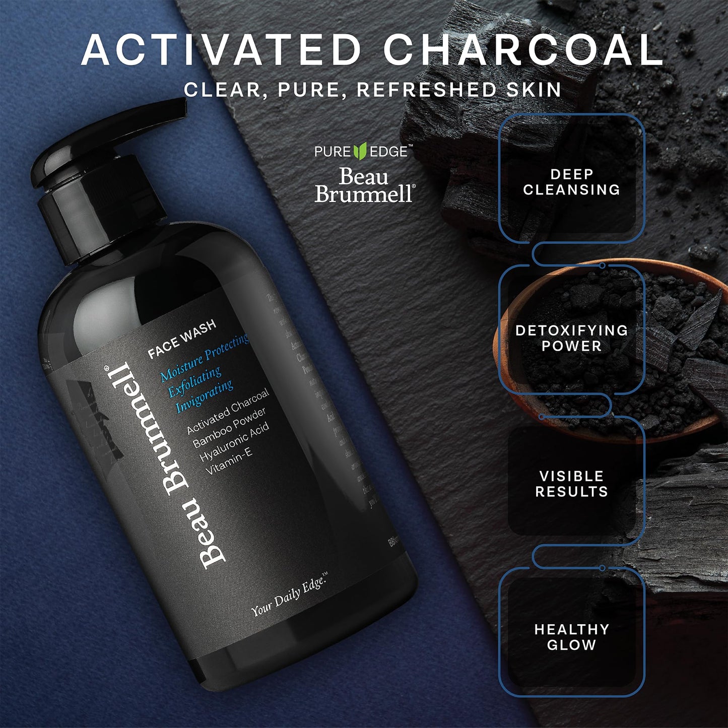 Beau Brummell Activated Charcoal Face Wash for Men | Hyaluronic Acid & Bamboo Powder