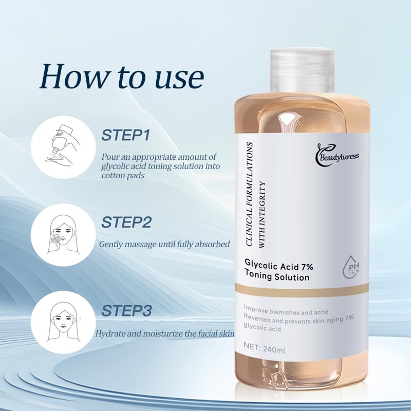 BEAUTYTURESS Glycolic Acid 7% Toning Solution – Exfoliate, Refine Texture & Even Tone (8.12 fl oz x 2)