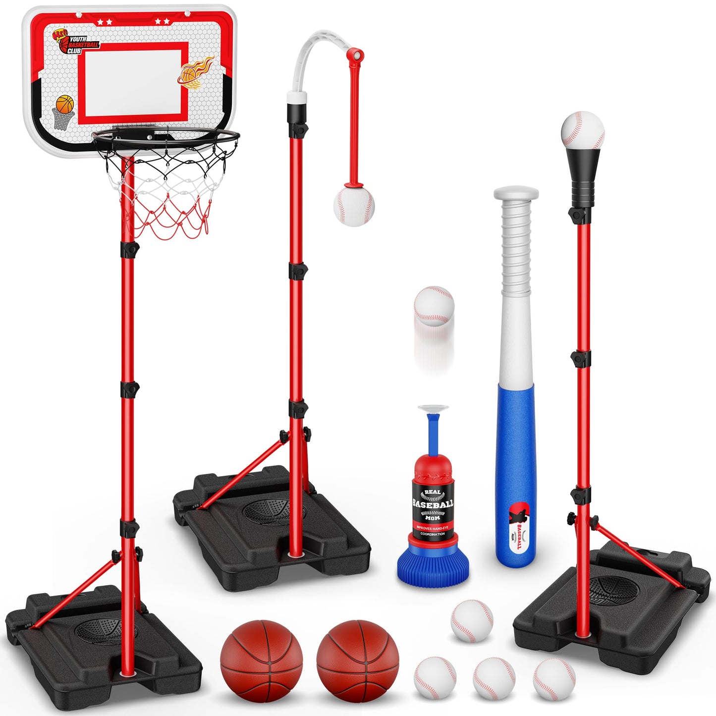 Beauwow 4-in-1 Kids Basketball Hoop & T-Ball Set – Adjustable Indoor/Outdoor Play