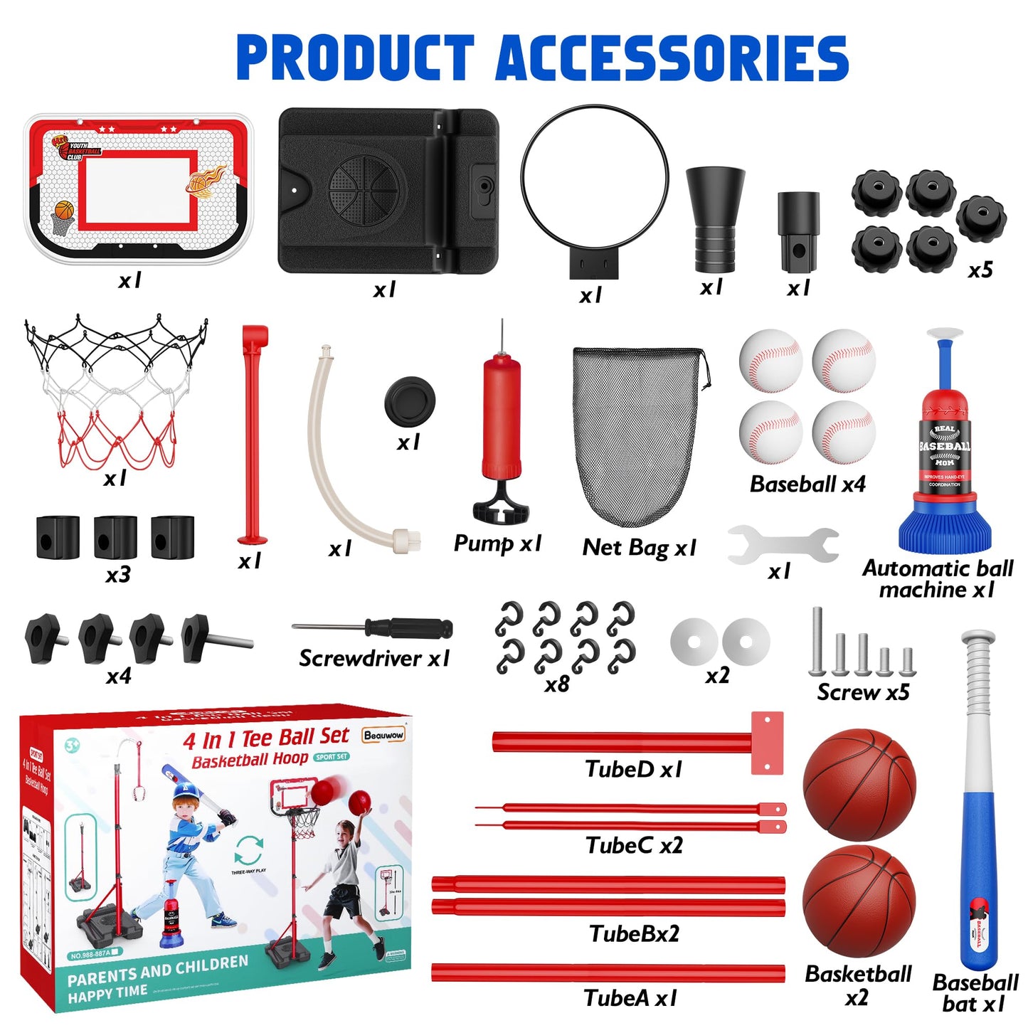Beauwow 4-in-1 Kids Basketball Hoop & T-Ball Set – Adjustable Indoor/Outdoor Play