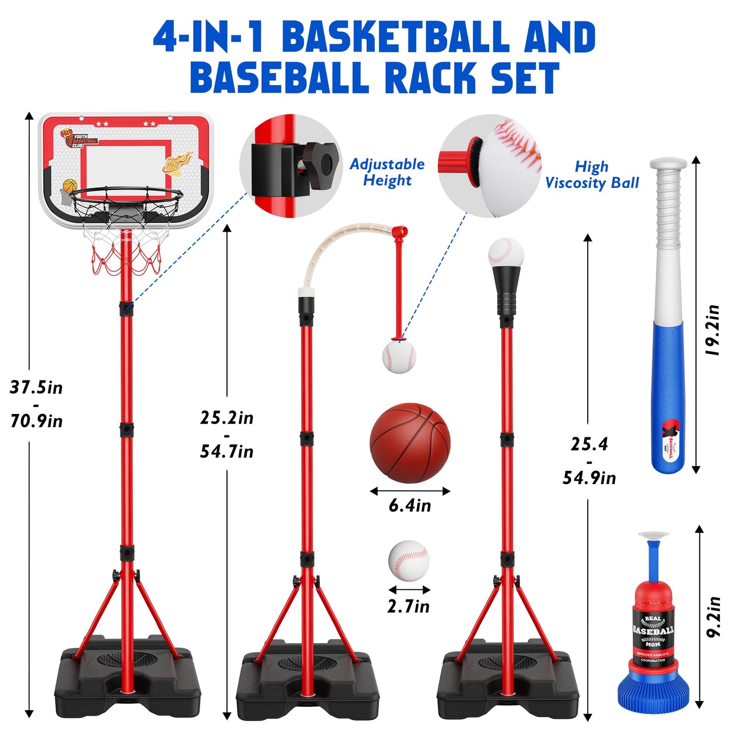 Beauwow 4-in-1 Kids Basketball Hoop & T-Ball Set – Adjustable Indoor/Outdoor Play