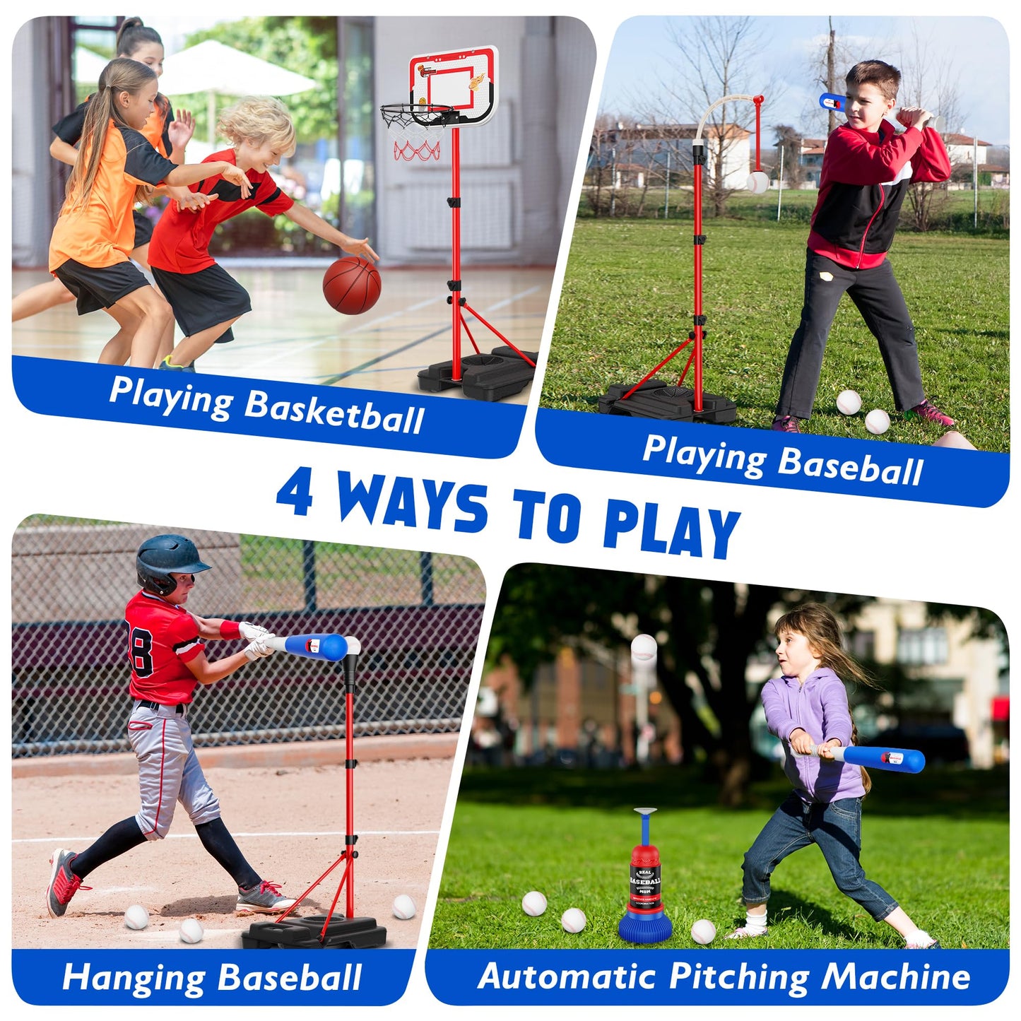 Beauwow 4-in-1 Kids Basketball Hoop & T-Ball Set – Adjustable Indoor/Outdoor Play