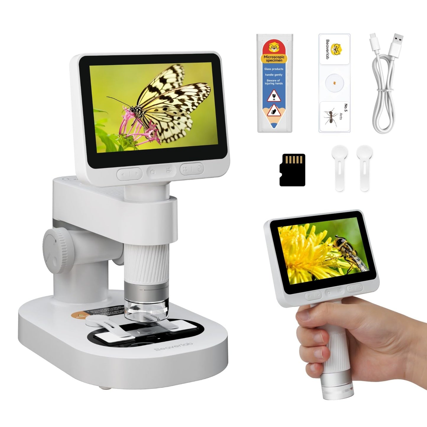 BEAVERLAB Finder Digital Microscope – 100x-1600x, 4.0-inch IPS Screen, RGB LED, 1080p, 8GB Card Included