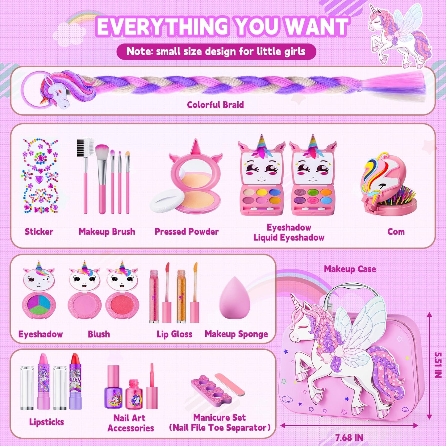 Beayuck Kids Makeup Kit for Girls – Washable, Flying Horse Case, Gift-Ready Set (Ages 3-12)
