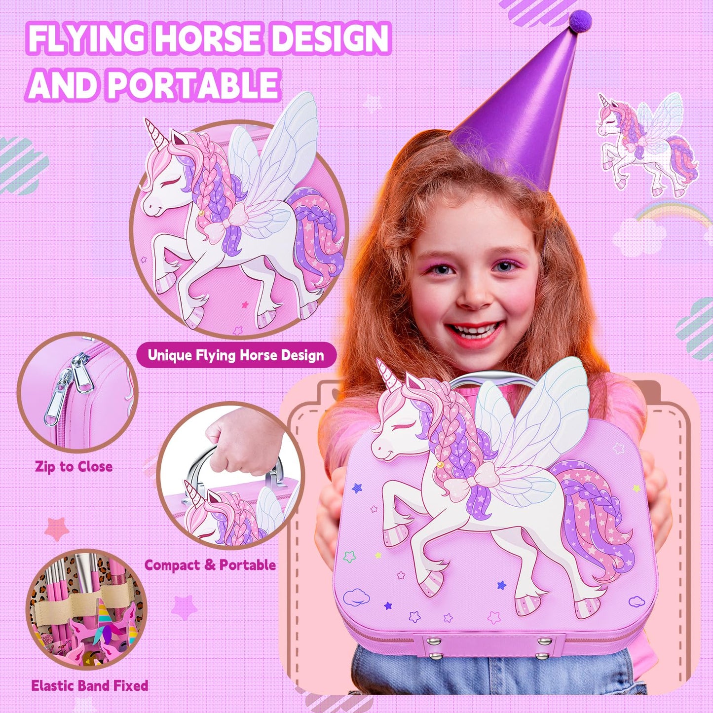 Beayuck Kids Makeup Kit for Girls – Washable, Flying Horse Case, Gift-Ready Set (Ages 3-12)