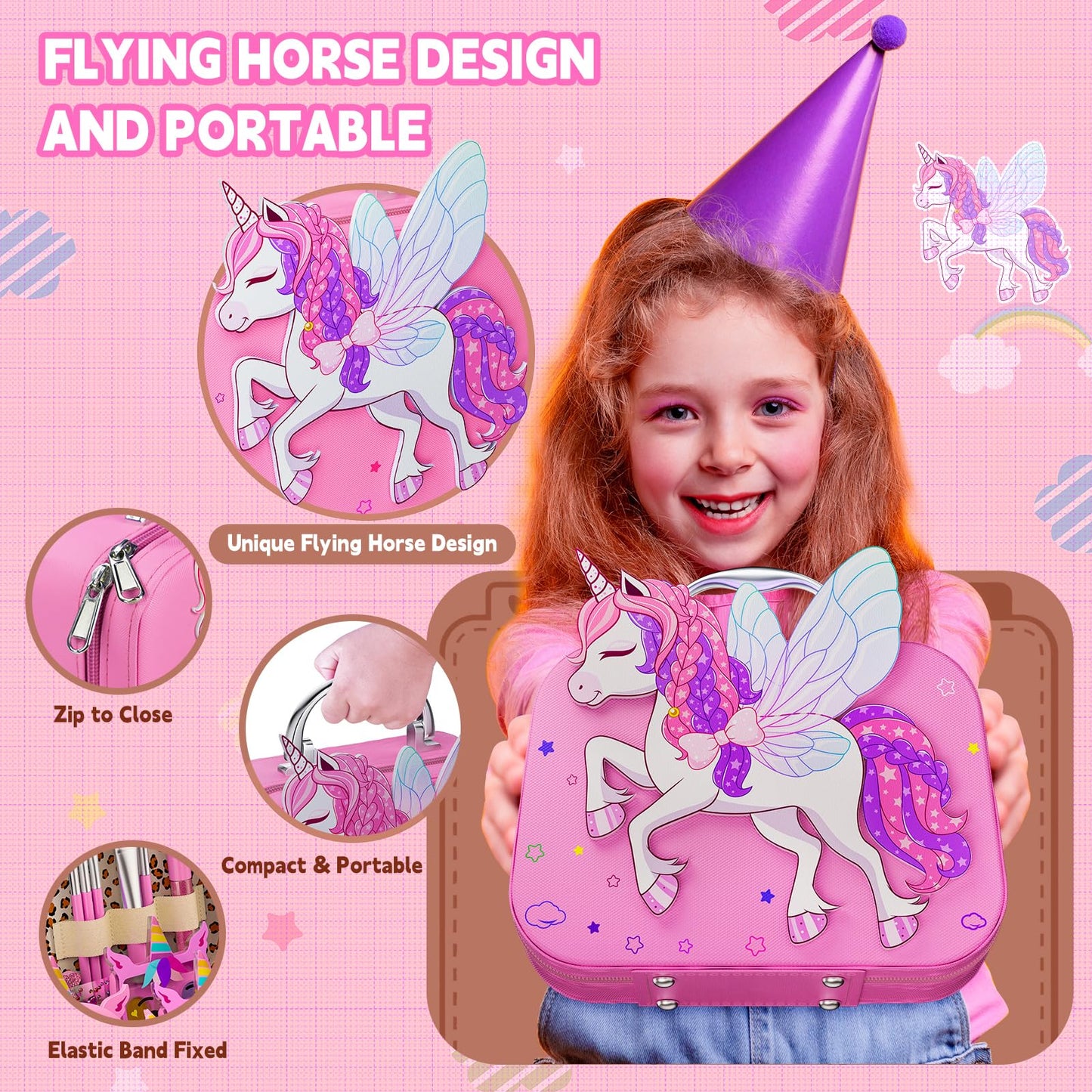 Beayuck Kids Makeup Kit for Girls – Washable, Flying Horse Case