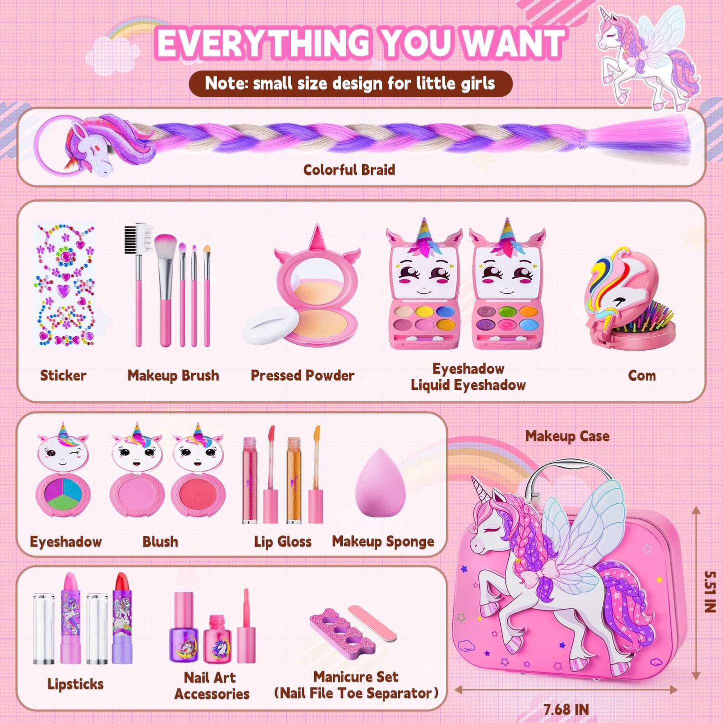Beayuck Kids Makeup Kit for Girls – Washable, Flying Horse Case