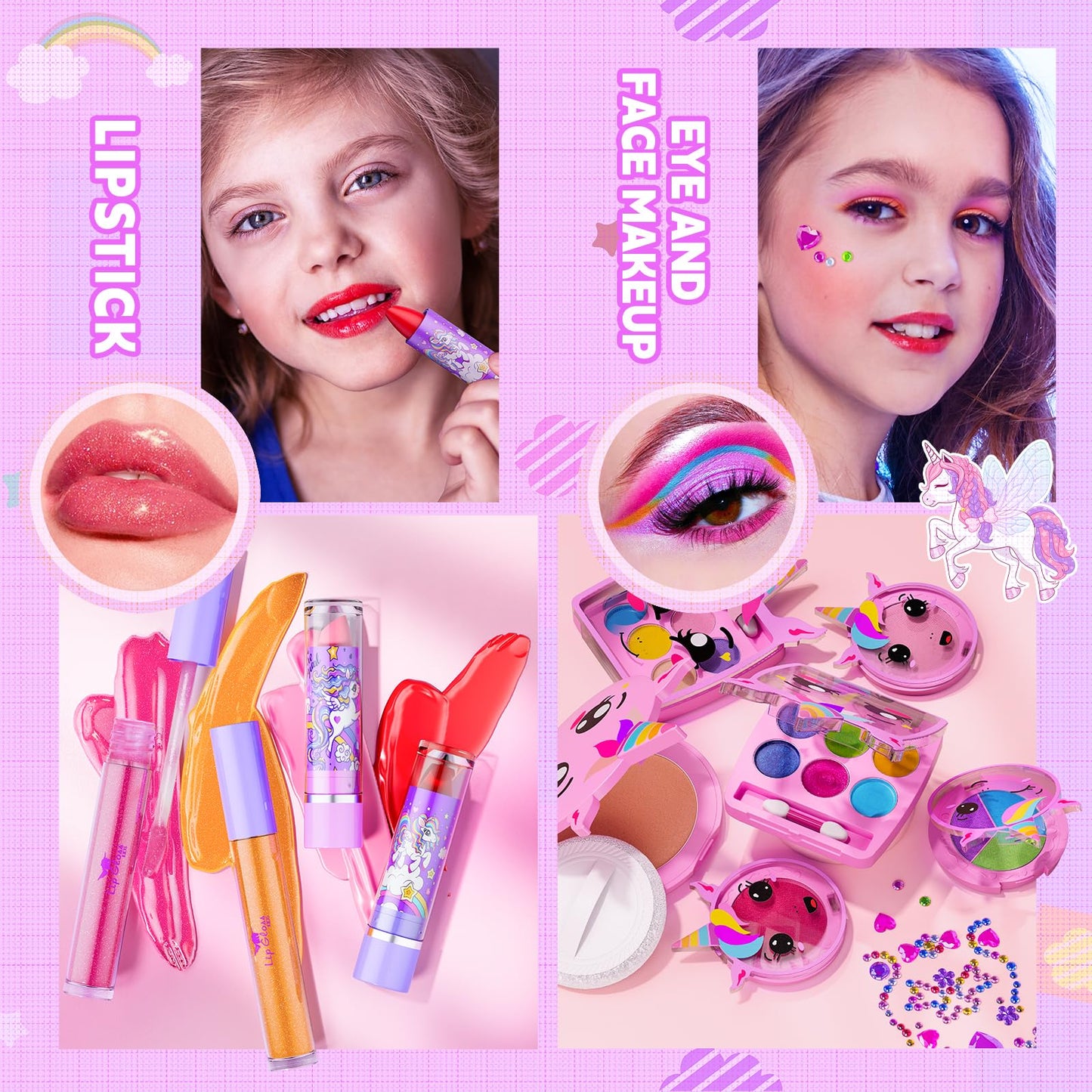 Beayuck Kids Makeup Kit for Girls – Washable, Flying Horse Case, Gift-Ready Set (Ages 3-12)
