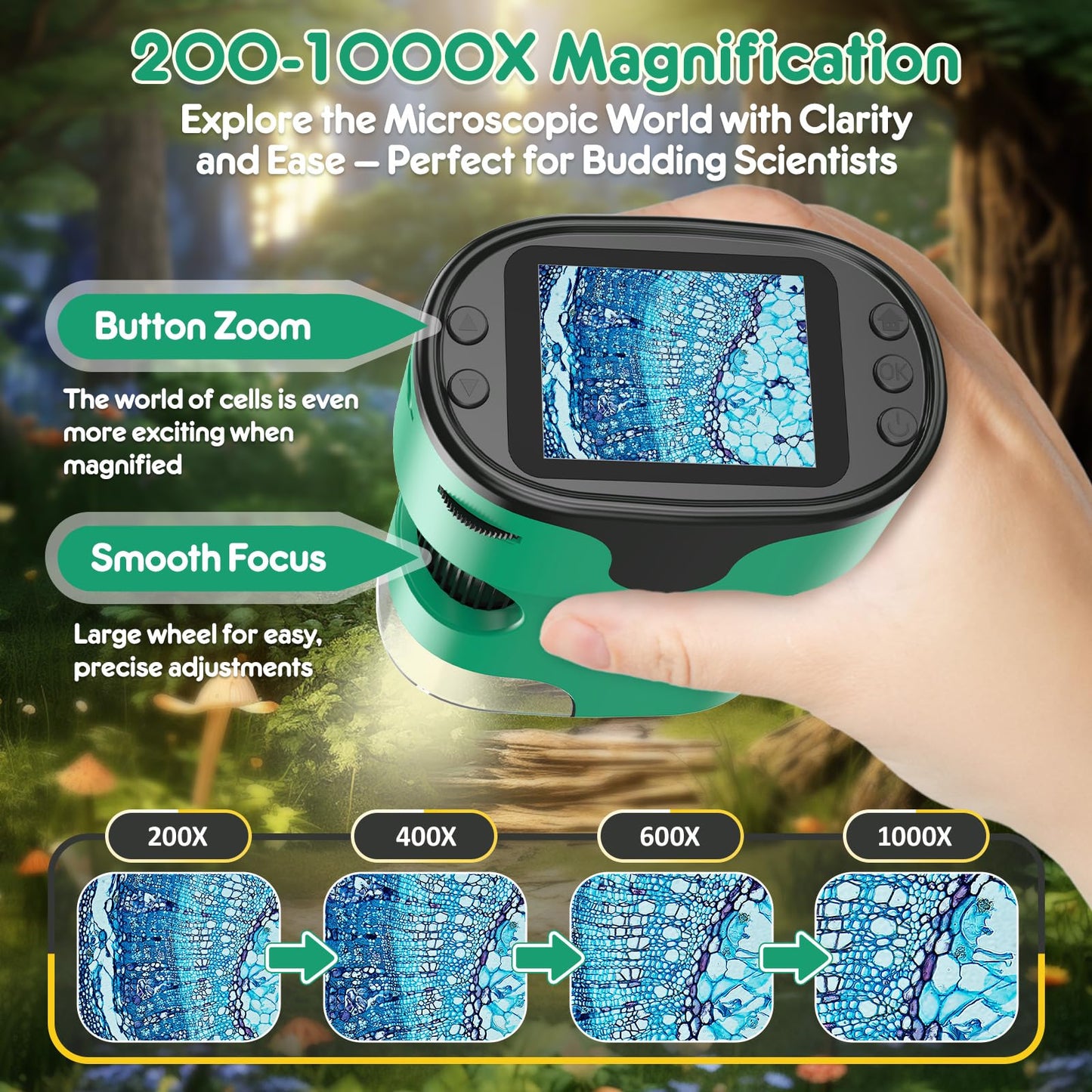 BEBANG 1000X Handheld Microscope with 2.0-inch Screen – Portable Kids Microscope & Slides Kit