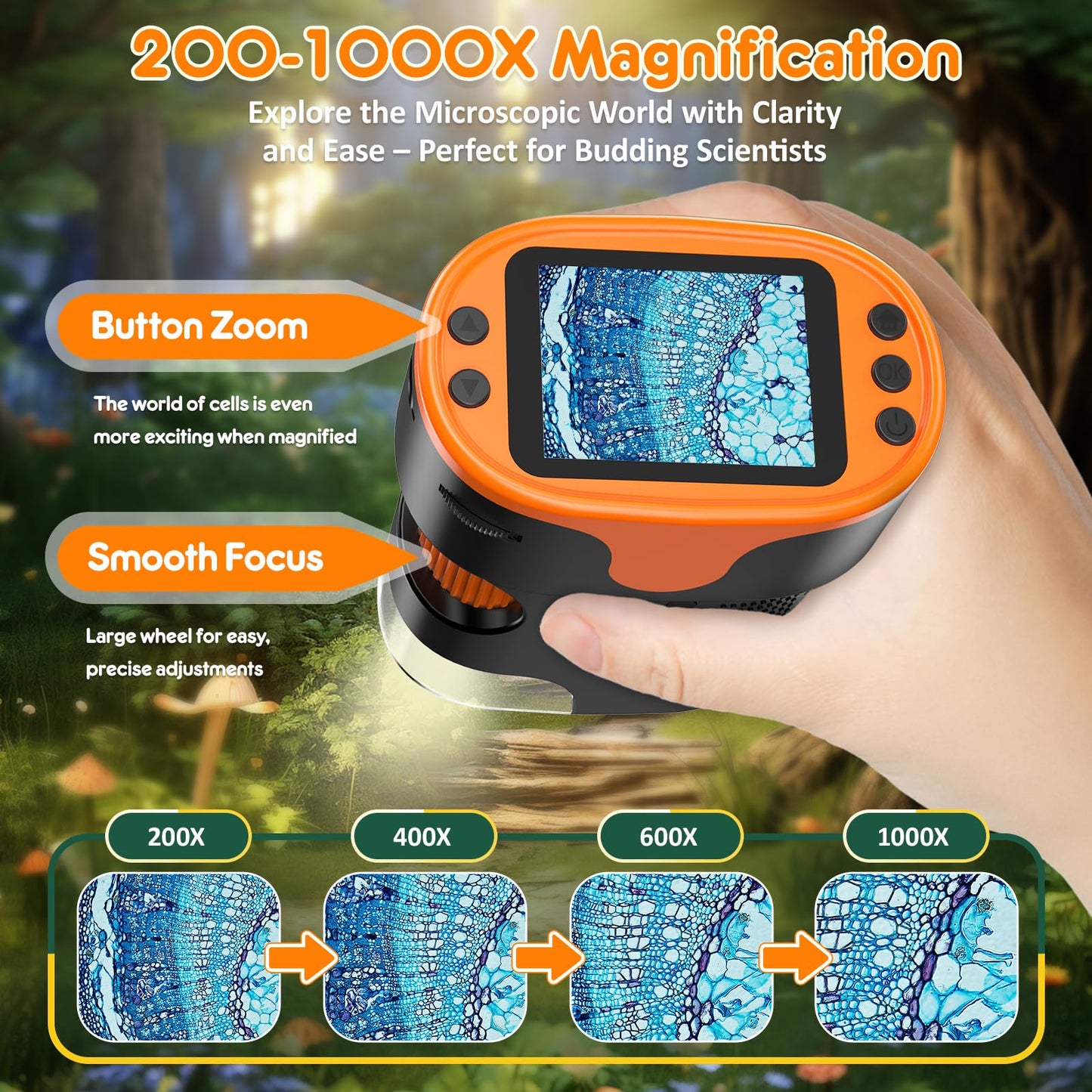 BEBANG 1000X Handheld Microscope – 4K 2-Inch Screen, Rechargeable Pocket Digital Microscope for Kids