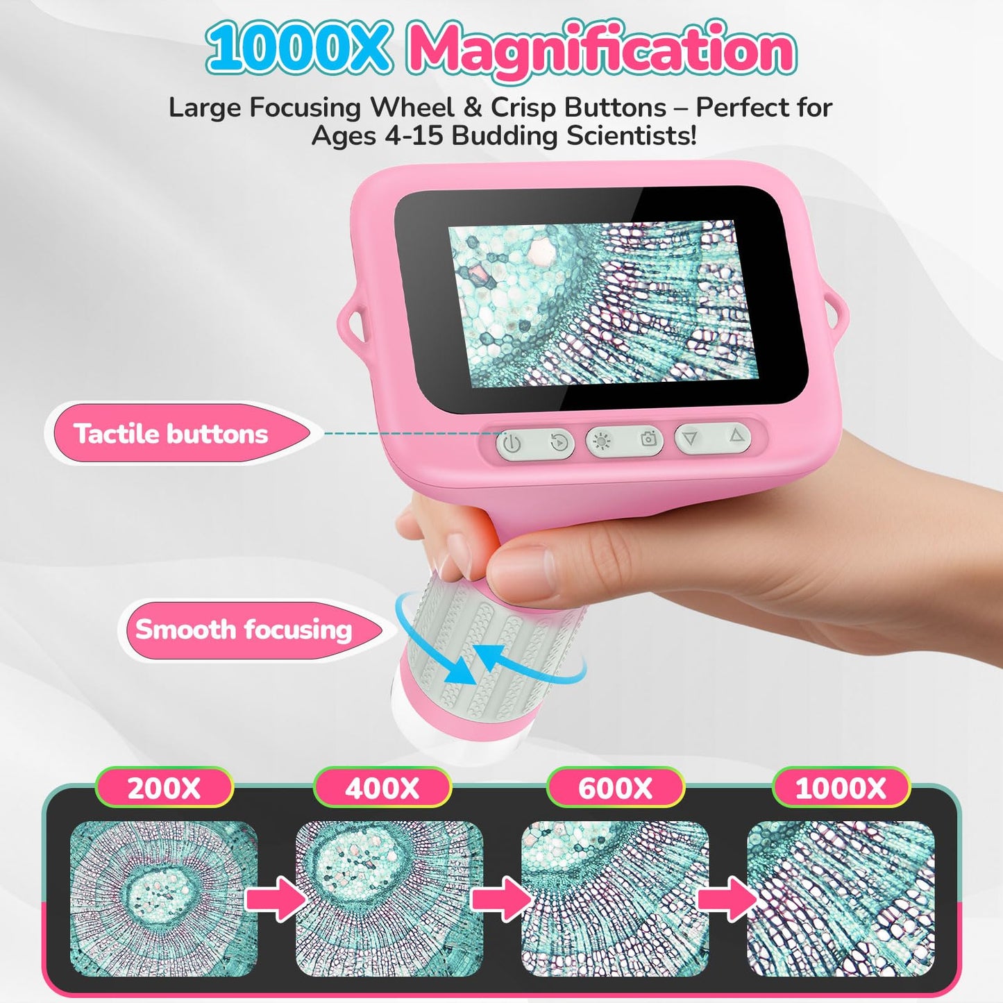 BEBANG 3-Inch Screen Digital Microscope for Kids - 1000X Mini Pocket STEM Toy