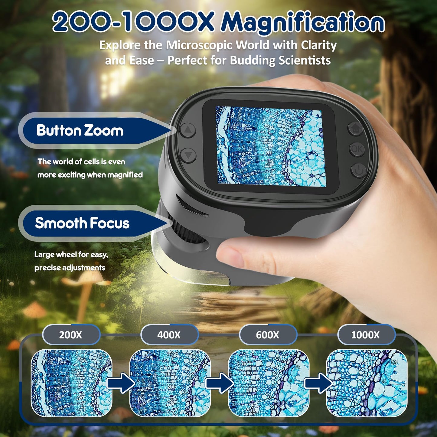 BEBANG 1000X Handheld Microscope – Portable Kids Microscope with Slides Kit