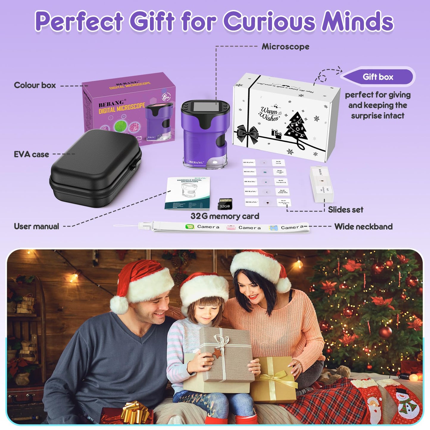 BEBANG 1000X Handheld Microscope for Kids – 4K Screen, Portable Slides Kit, Gift-Ready