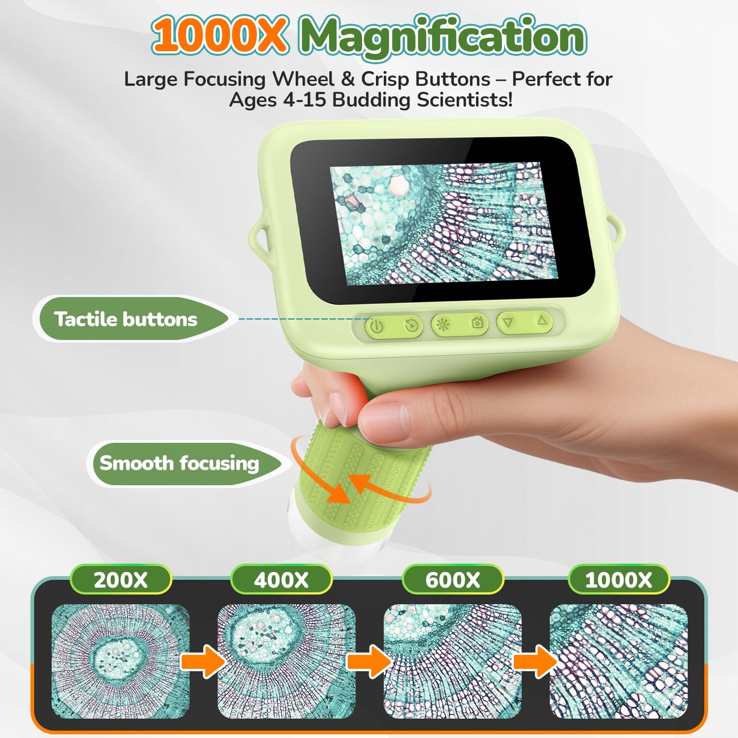 BEBANG 3.0-Inch Screen Digital Microscope for Kids — 1000X, Rechargeable Pocket Microscope
