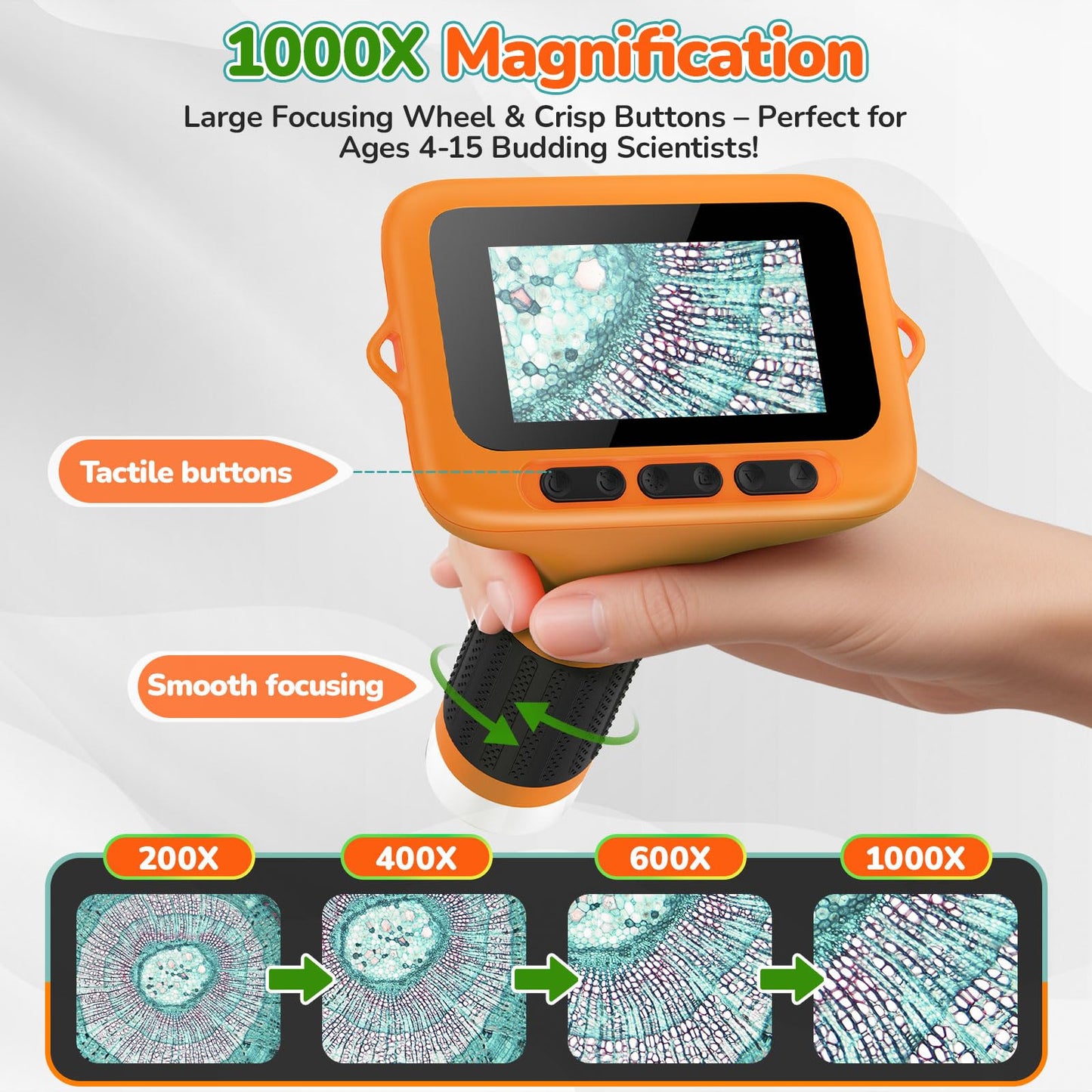 BEBANG 3-Inch Screen Digital Microscope for Kids - 1000X Portable STEM Microscope