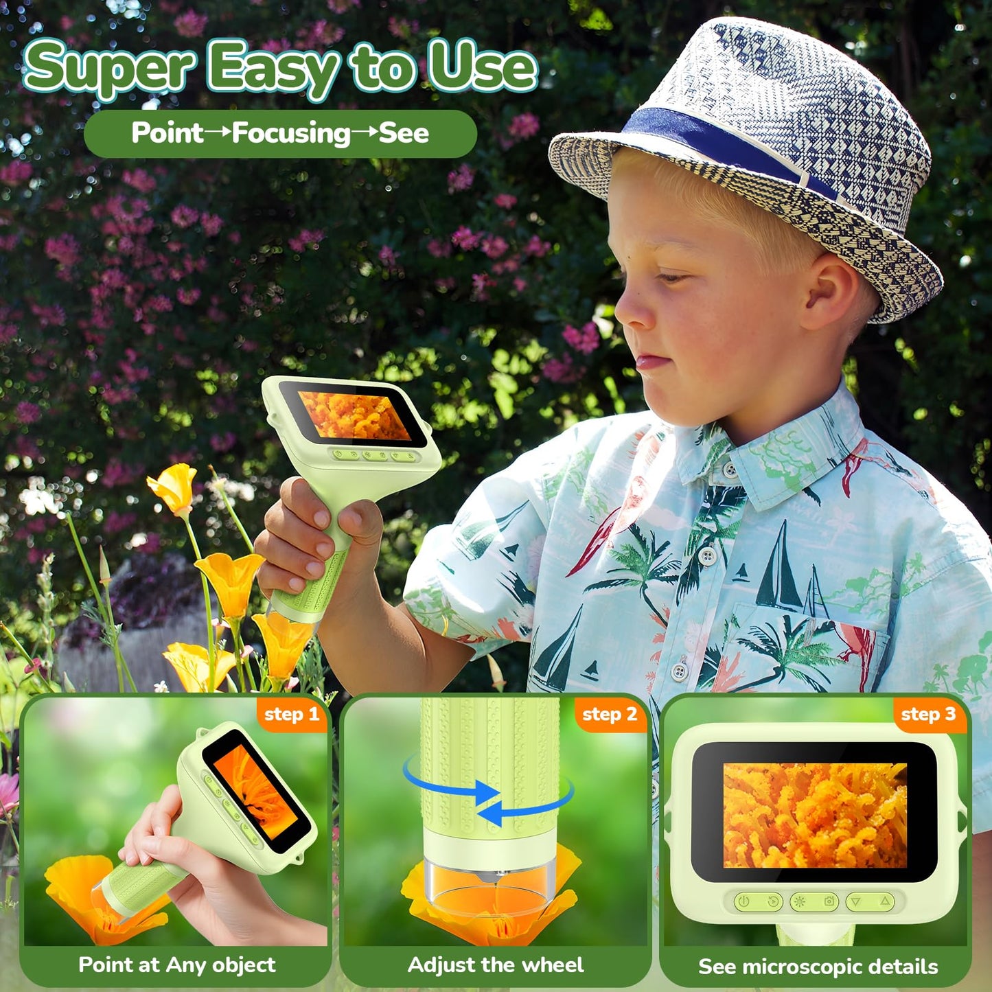 BEBANG 3.0-Inch Screen Digital Microscope for Kids — 1000X, Rechargeable Pocket Microscope