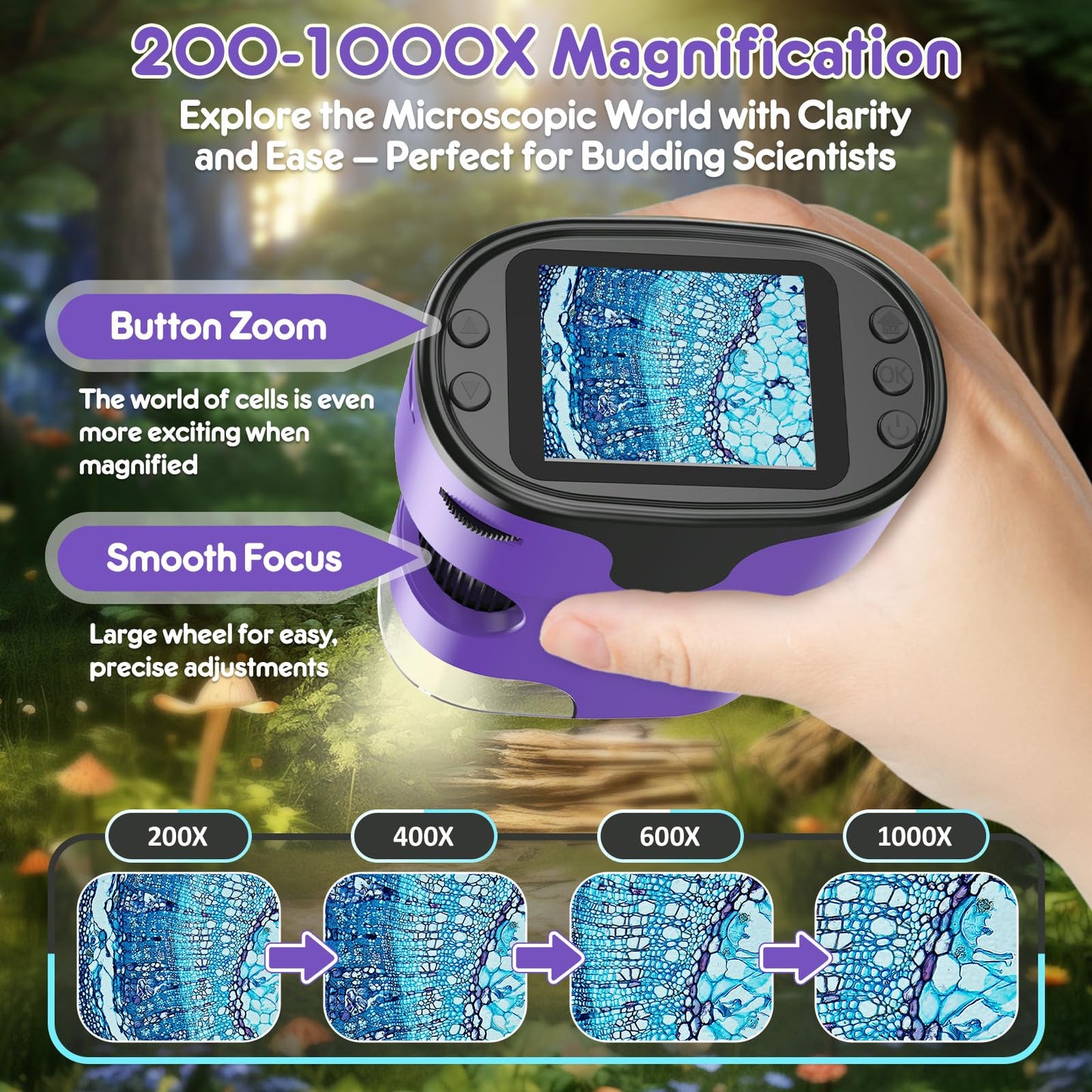 BEBANG 1000X Handheld Microscope for Kids – 4K Screen, Portable Slides Kit, Gift-Ready