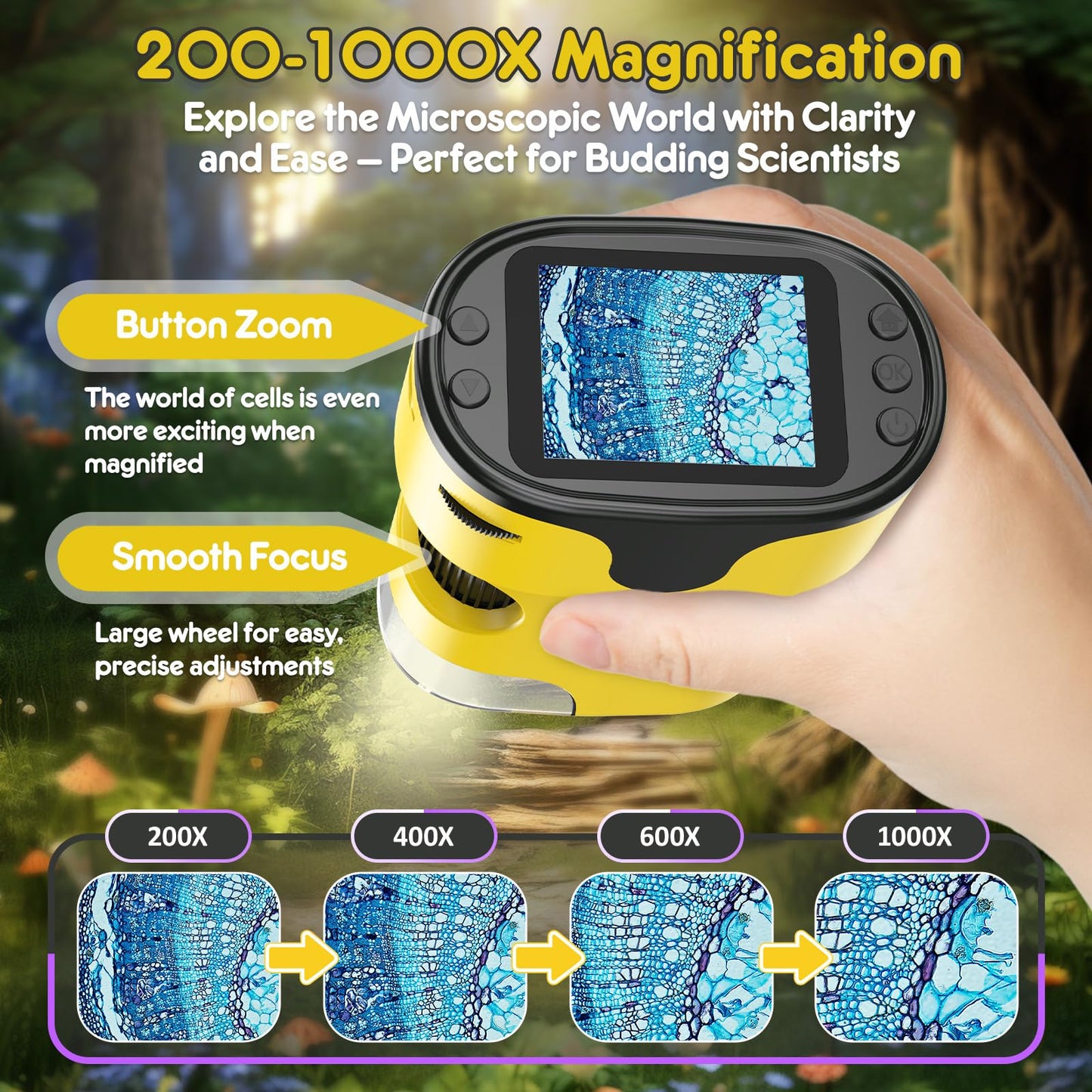 BEBANG 1000X Handheld Microscope for Kids – 4K 2-Inch Screen, Portable Mini Pocket Microscope with Slides Kit