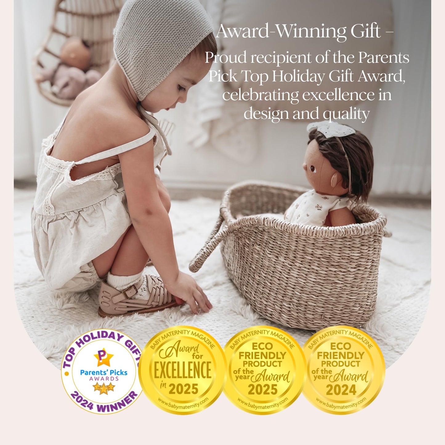 BEBE BASK Premium Baby Doll Bassinet — Handcrafted Seagrass Moses Basket & Luxe Mattress