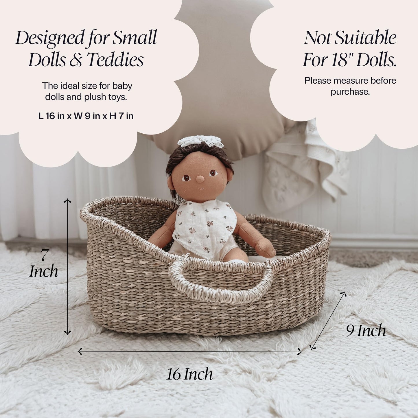 BEBE BASK Premium Baby Doll Bassinet — Handcrafted Seagrass Moses Basket & Luxe Mattress