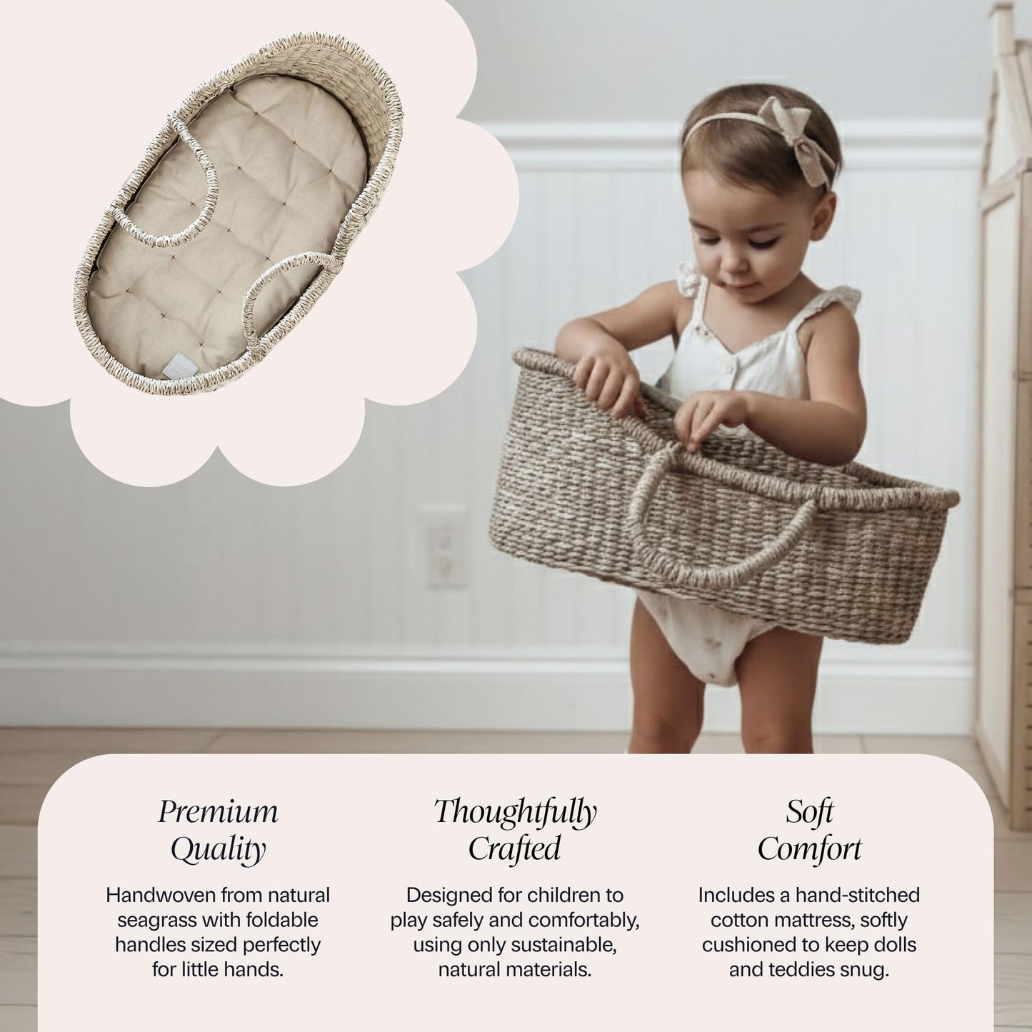 BEBE BASK Premium Baby Doll Bassinet — Handcrafted Seagrass Moses Basket & Luxe Mattress