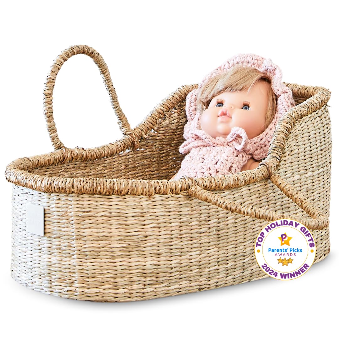BEBE BASK Premium Baby Doll Bassinet — Handcrafted Seagrass Moses Basket & Luxe Mattress