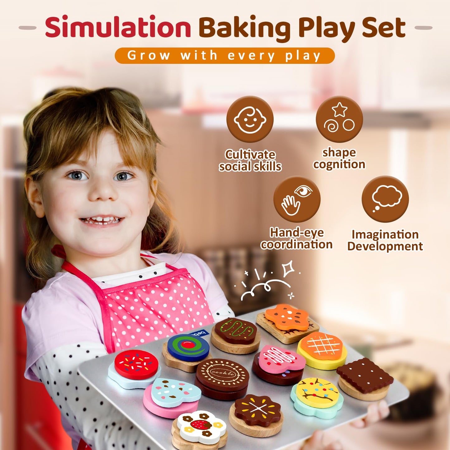 Beberolen Wooden Cookie Play Food Set – Pretend Kitchen Toys for Toddlers 1-3