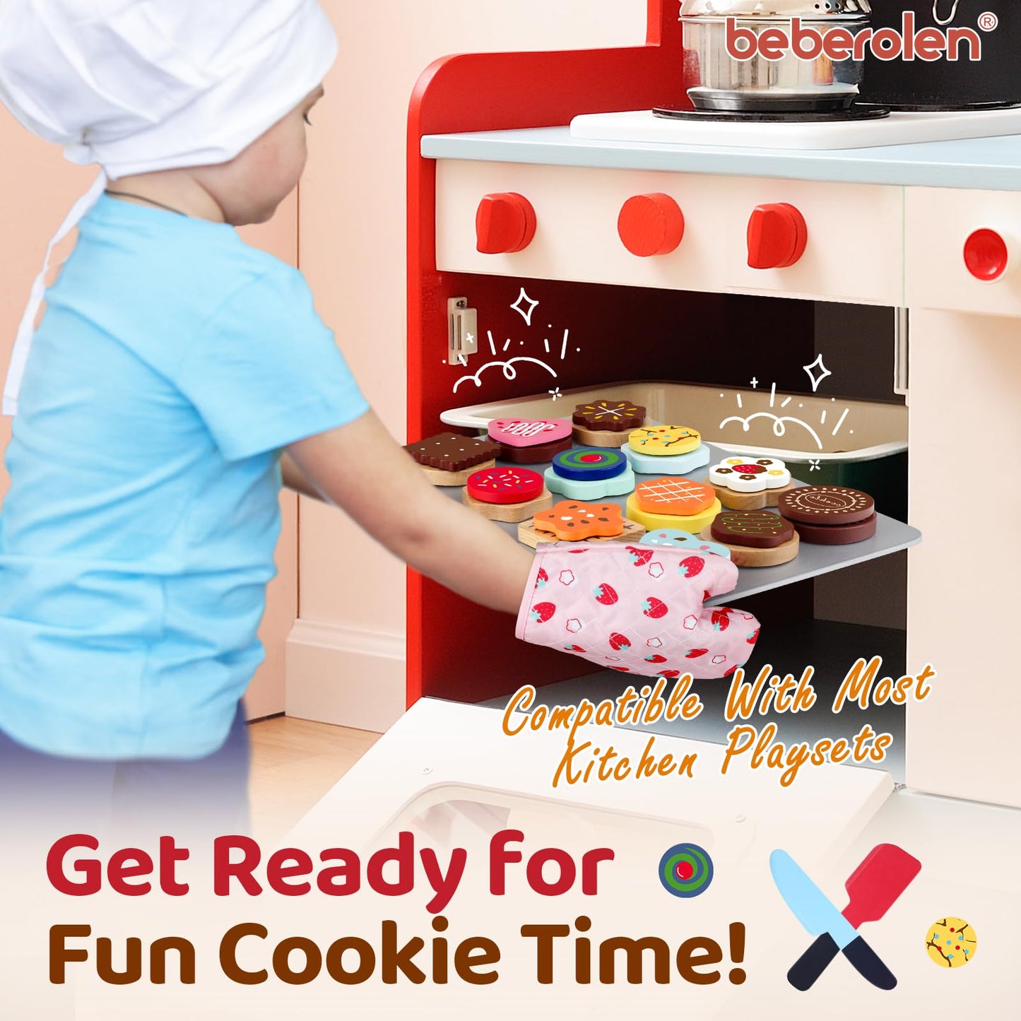 Beberolen Wooden Cookie Play Food Set – Pretend Kitchen Toys for Toddlers 1-3