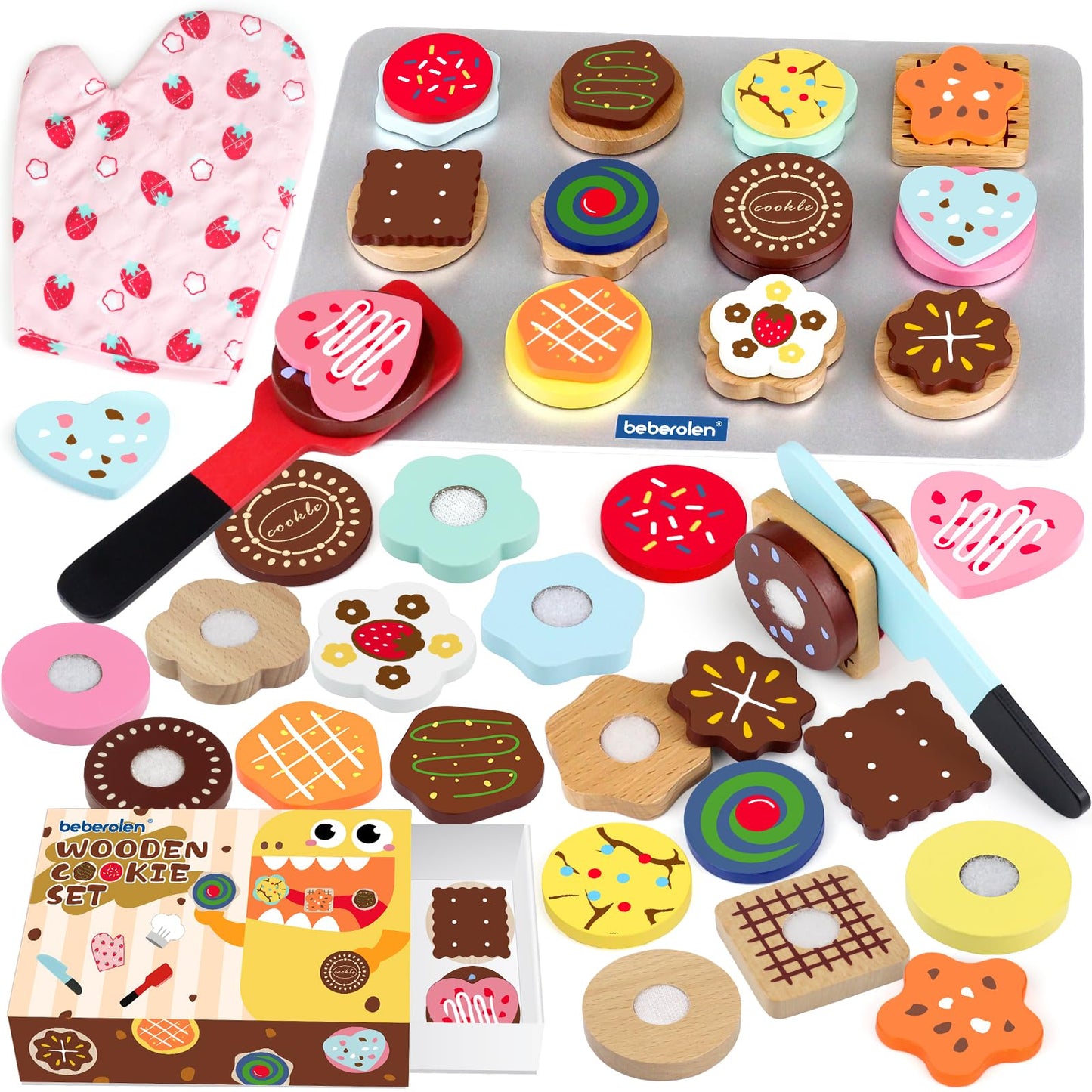 Beberolen Wooden Cookie Play Food Set – Pretend Kitchen Toys for Toddlers 1-3