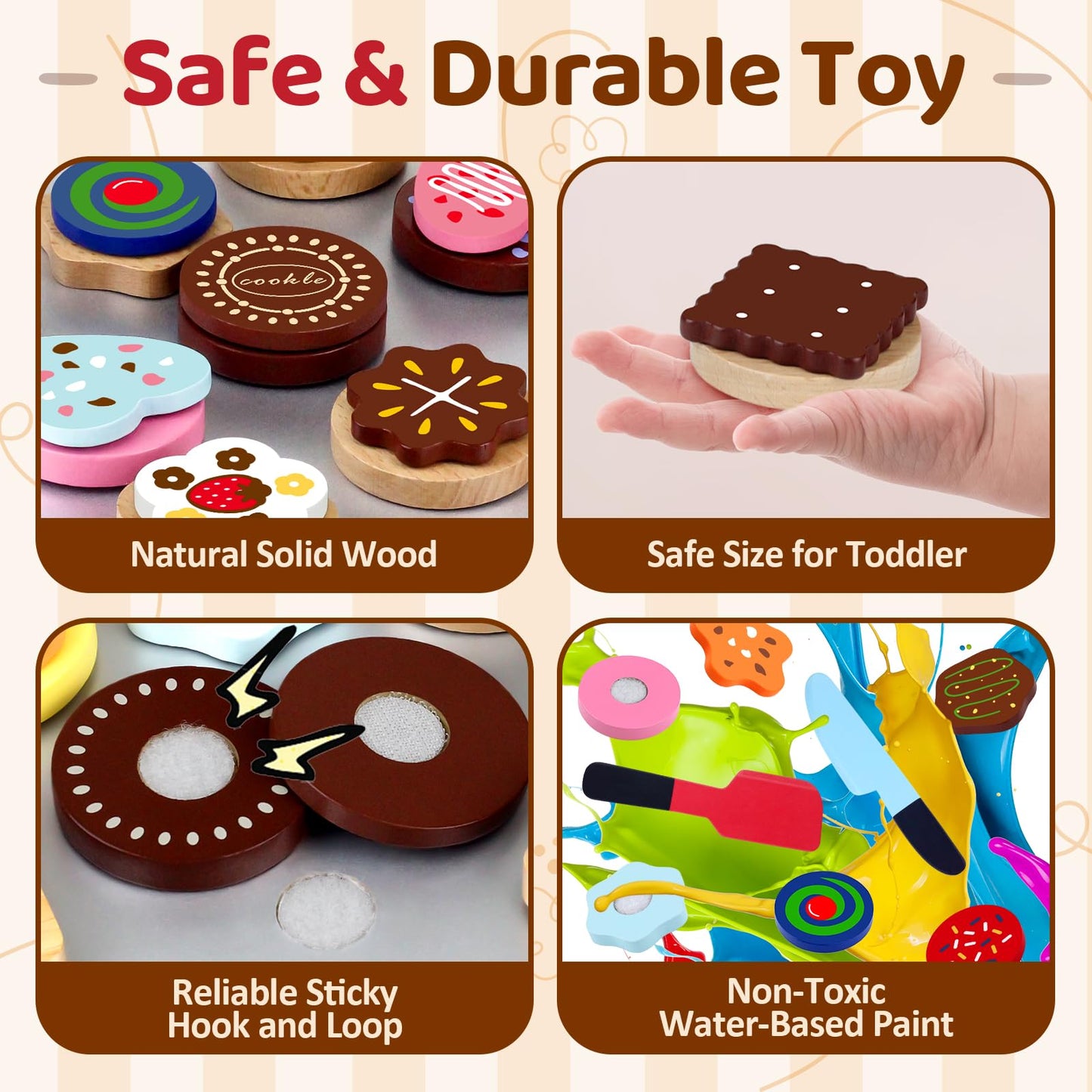 Beberolen Wooden Cookie Play Food Set – Pretend Kitchen Toys for Toddlers 1-3
