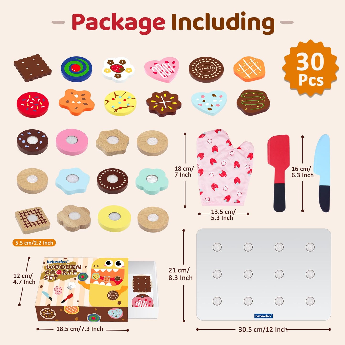 Beberolen Wooden Cookie Play Food Set – Pretend Kitchen Toys for Toddlers 1-3