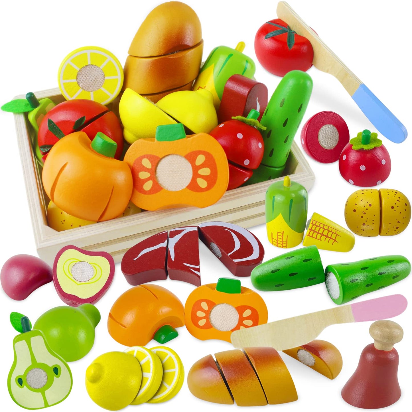 Beberolen Wooden Play Food Sets for Kids – Realistic Cutting Fruit & Pretend Kitchen Toys
